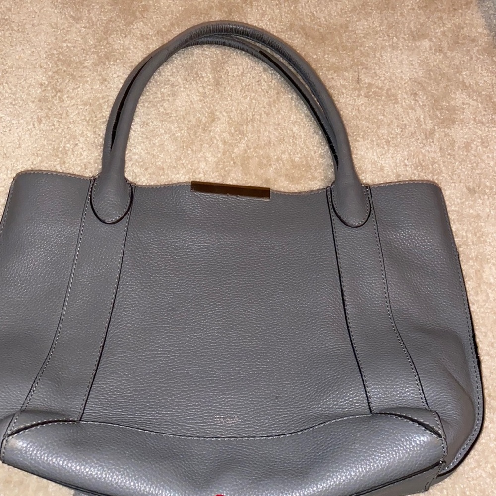 Bolkier New York gray leather tote.